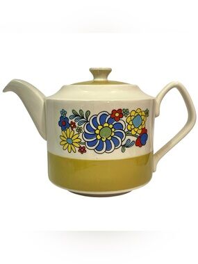 Vintage 1960s Sadler England Ceramic Teapot Flower Power Mustard-Yellow Base